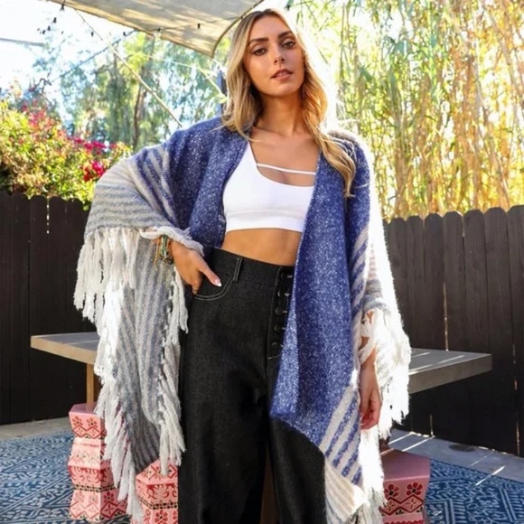 Blue Faux Mohair Striped Knit Border Tassel Trim Bohemian Winter Ruana Wrap - Picture 3 of 4